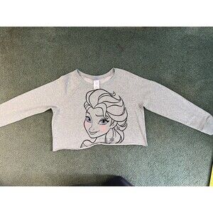 Disney Womens Sweatshirt Size Large Gray Crop Top Metallic Frozen Elsa